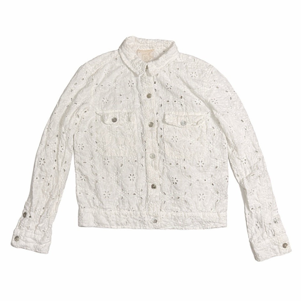 JOHNNY WAS Jade Blouse Top Size XS White Ivory Eyelet Long Sleeve Beach Linen